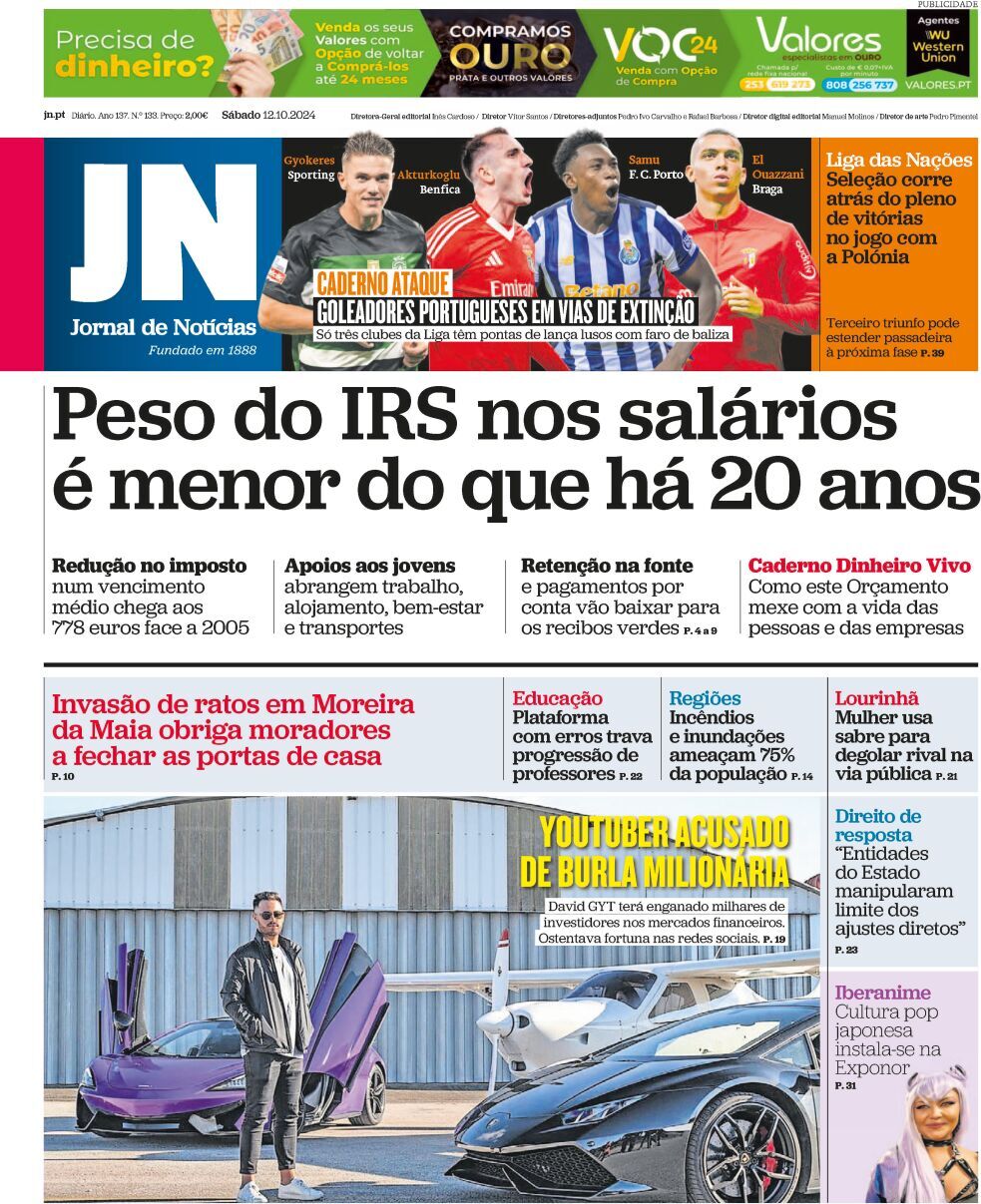 Jornal de Not&iacute;cias: Capa da Edi&ccedil;&atilde;o de s&aacute;bado, 12 de outubro 2024