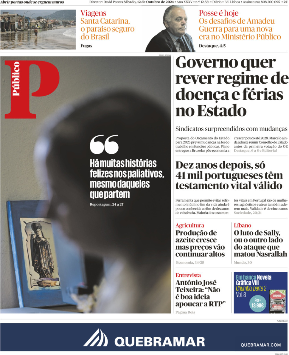 P&uacute;blico: Capa da Edi&ccedil;&atilde;o de s&aacute;bado, 12 de outubro 2024