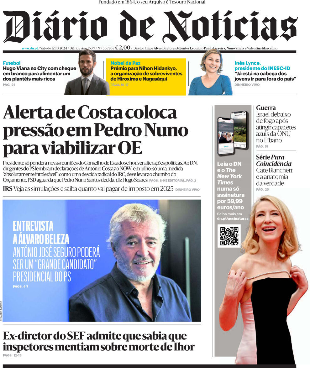Di&aacute;rio de Not&iacute;cias: Capa da Edi&ccedil;&atilde;o de s&aacute;bado, 12 de outubro 2024