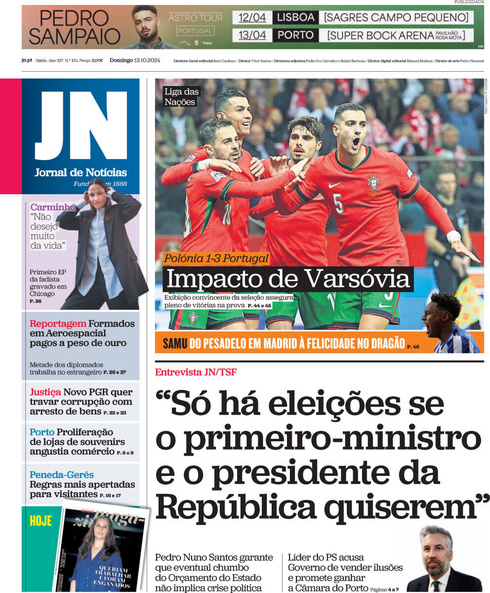 Jornal de Not&iacute;cias: Capa da Edi&ccedil;&atilde;o de domingo, 13 de outubro 2024