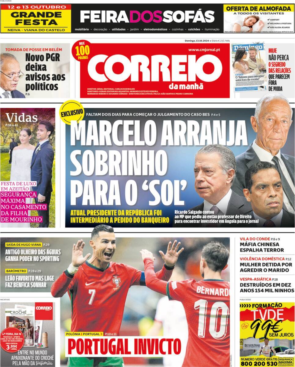 Correio da Manh&atilde;: Capa da Edi&ccedil;&atilde;o de domingo, 13 de outubro 2024
