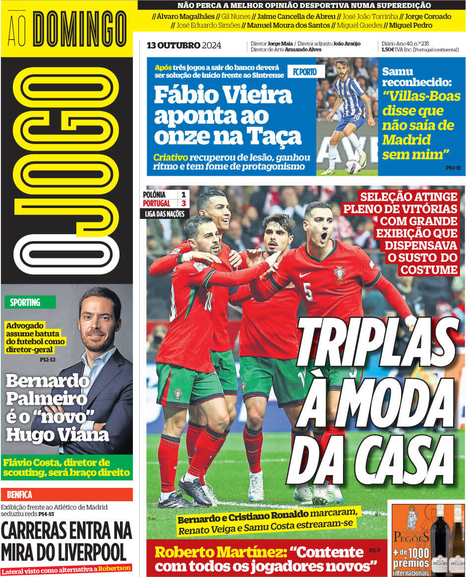 O Jogo: Capa da Edi&ccedil;&atilde;o de domingo, 13 de outubro 2024