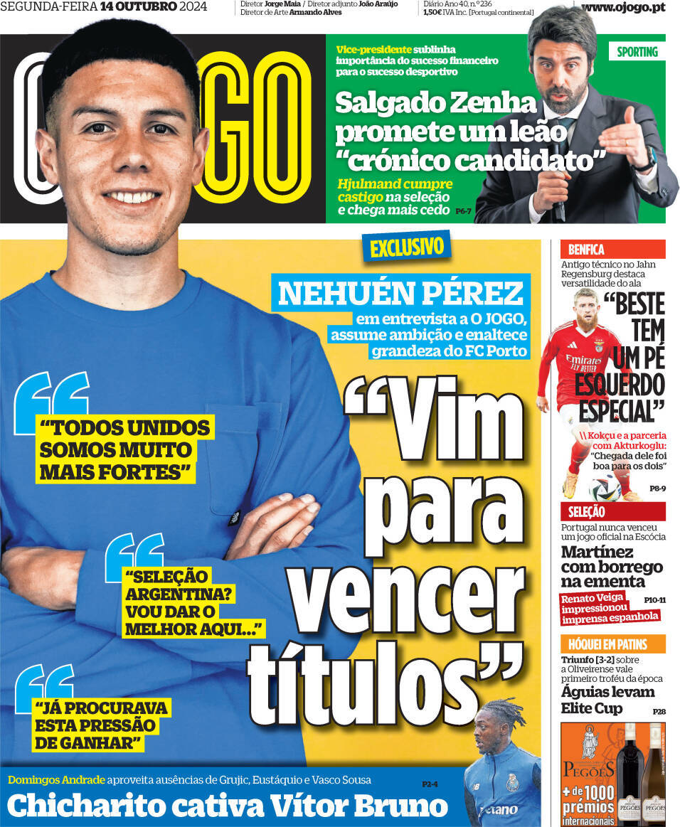 O Jogo: Capa da Edi&ccedil;&atilde;o de segunda-feira, 14 de outubro 2024