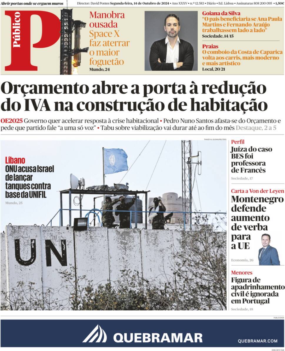 P&uacute;blico: Capa da Edi&ccedil;&atilde;o de segunda-feira, 14 de outubro 2024