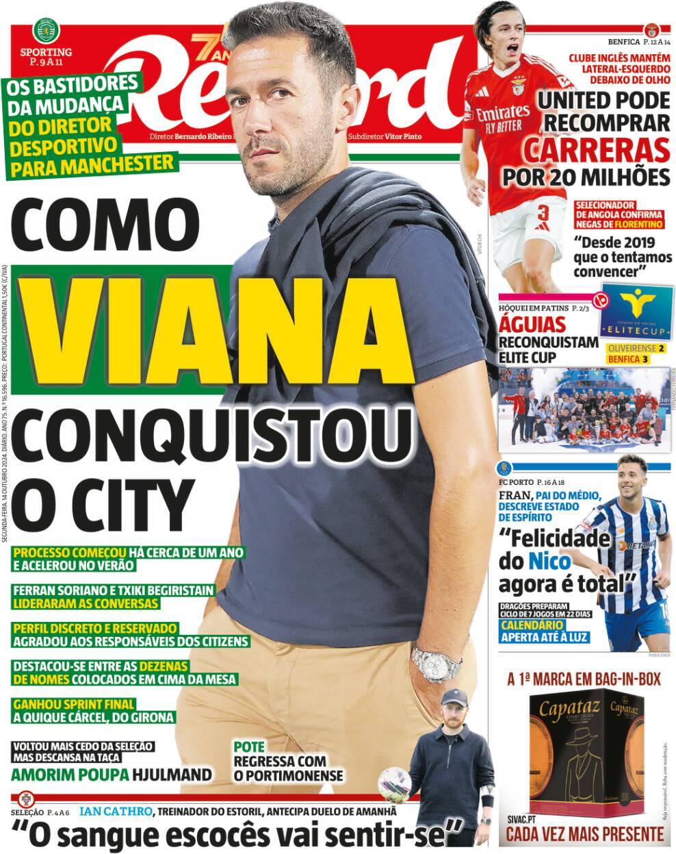 Record: Capa da Edi&ccedil;&atilde;o de segunda-feira, 14 de outubro 2024