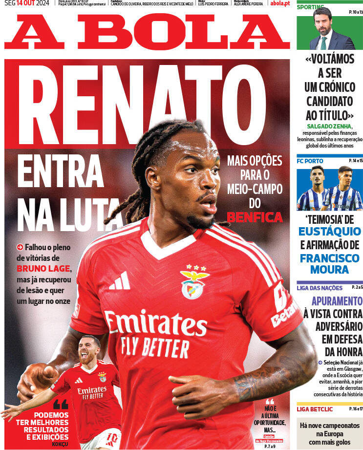 A Bola: Capa da Edi&ccedil;&atilde;o de segunda-feira, 14 de outubro 2024