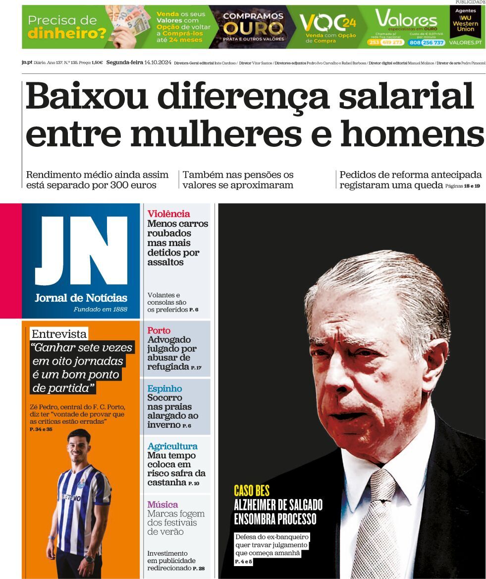 Jornal de Not&iacute;cias: Capa da Edi&ccedil;&atilde;o de segunda-feira, 14 de outubro 2024