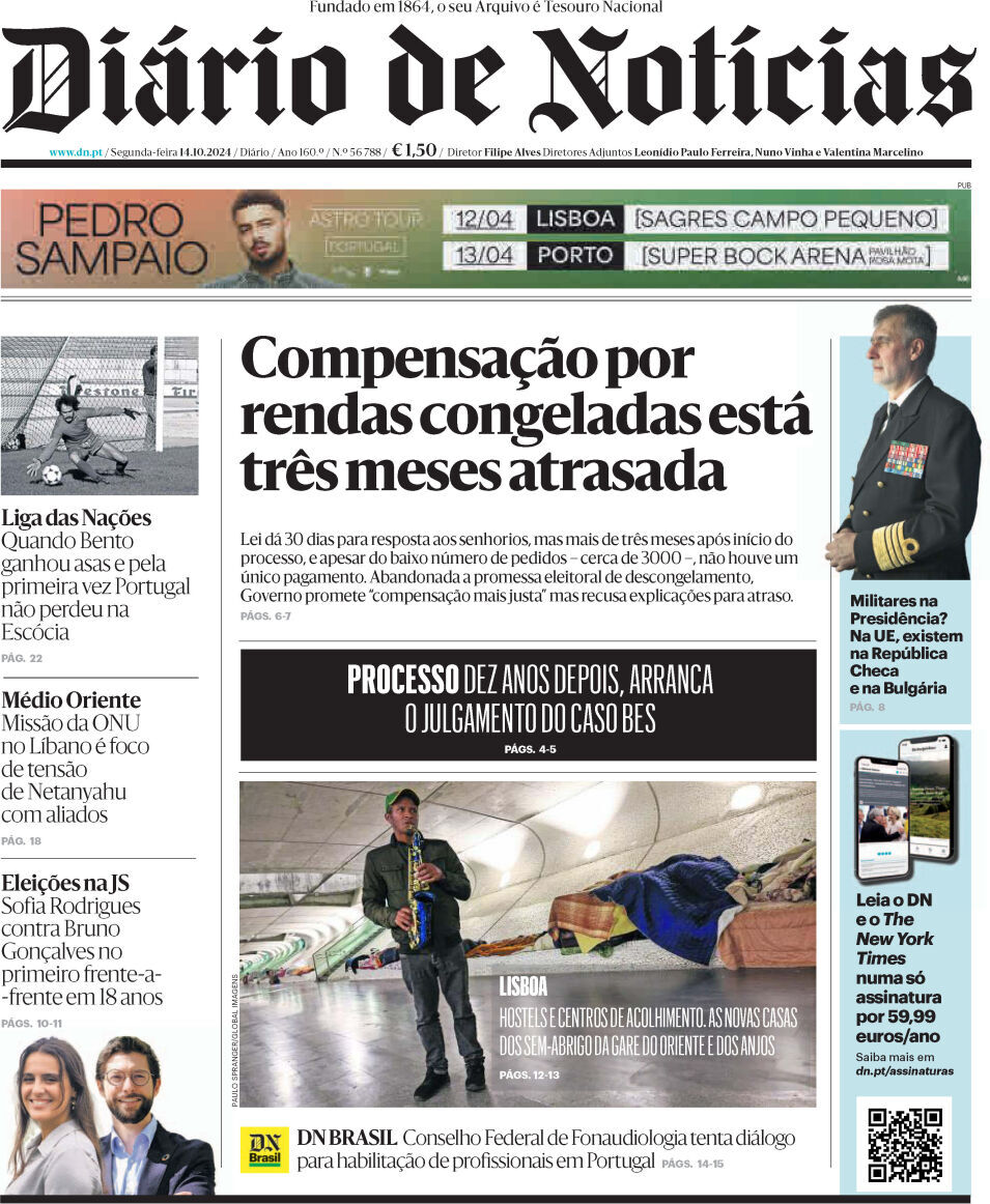 Di&aacute;rio de Not&iacute;cias: Capa da Edi&ccedil;&atilde;o de segunda-feira, 14 de outubro 2024