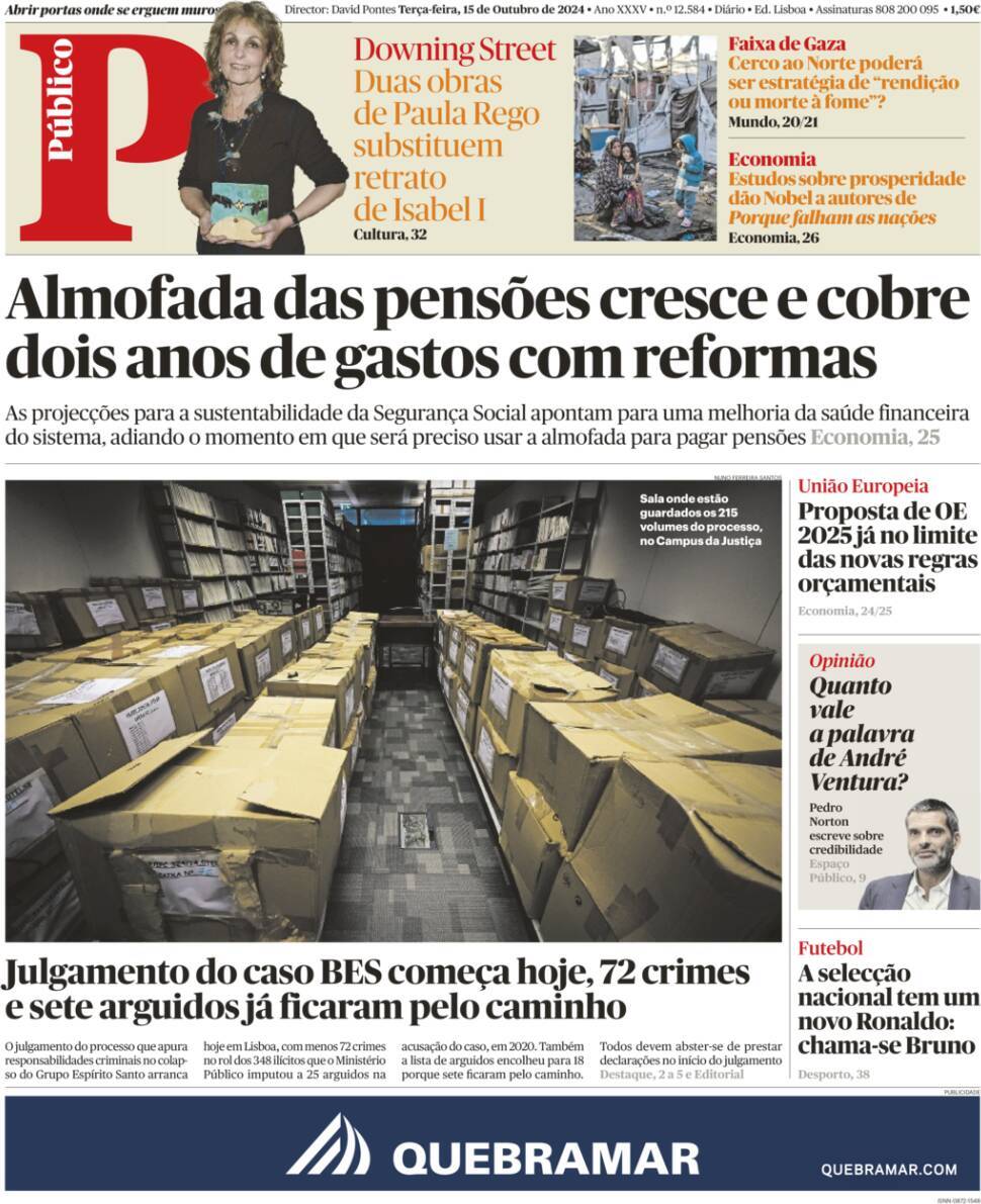 P&uacute;blico: Capa da Edi&ccedil;&atilde;o de ter&ccedil;a-feira, 15 de outubro 2024