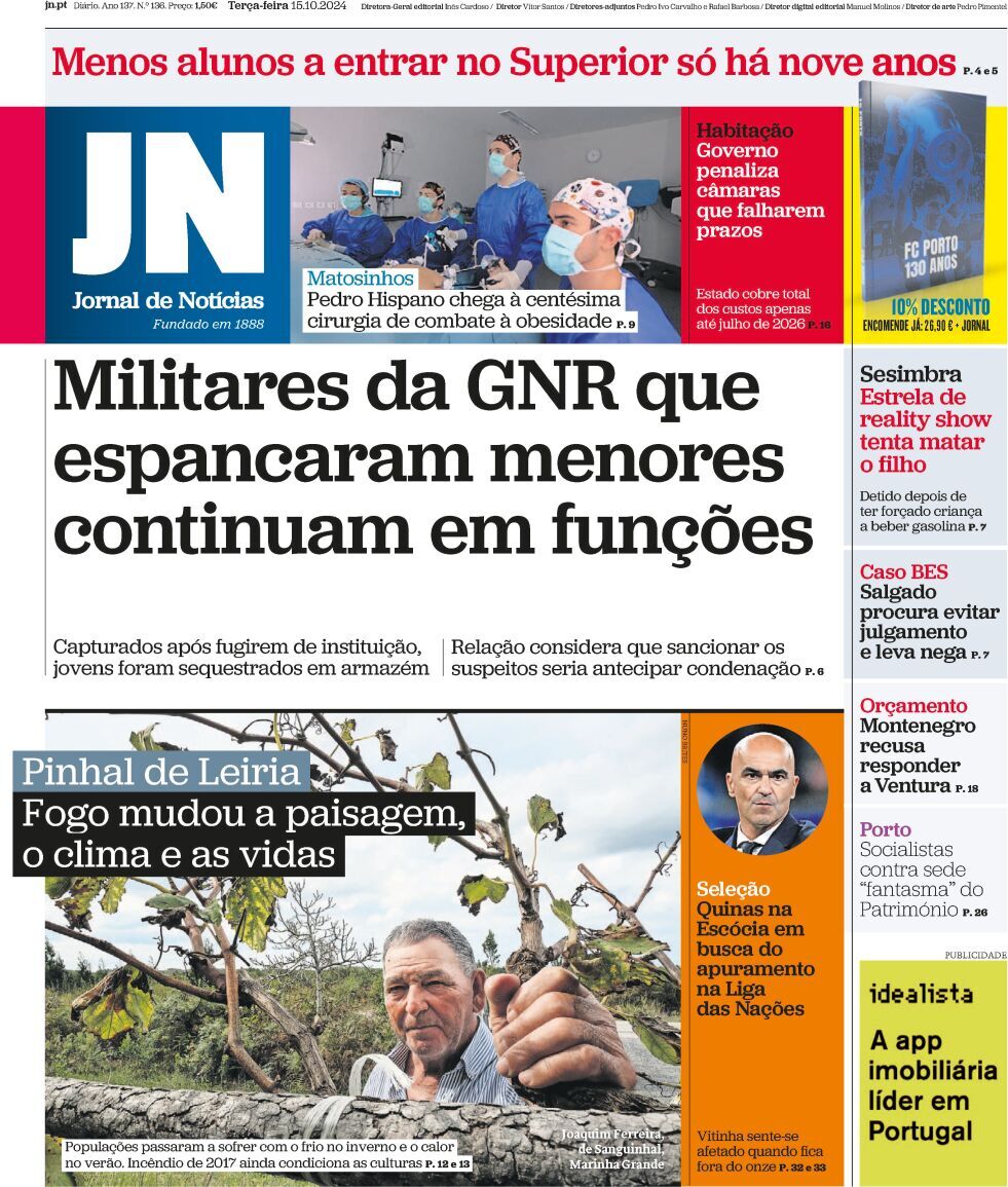 Jornal de Not&iacute;cias: Capa da Edi&ccedil;&atilde;o de ter&ccedil;a-feira, 15 de outubro 2024