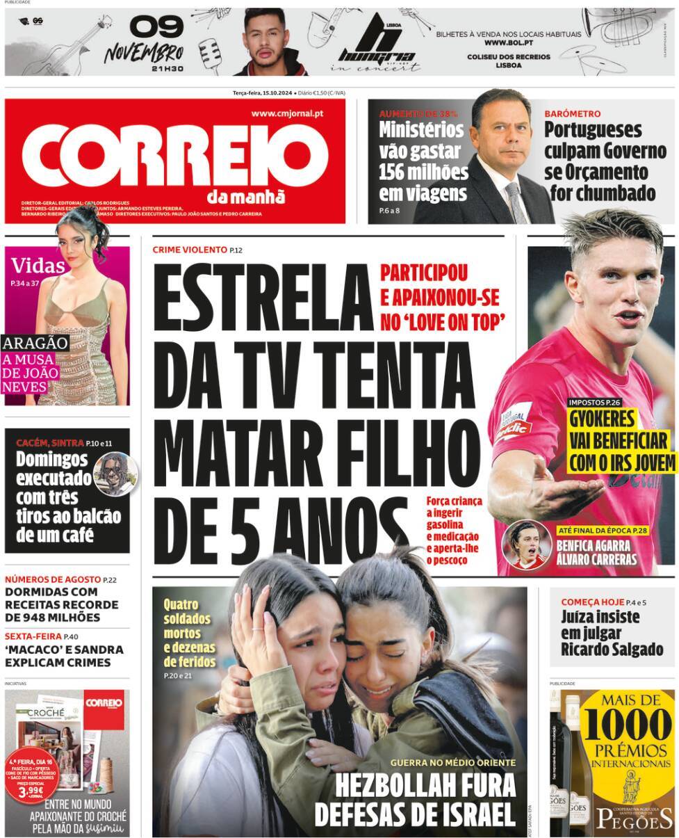 Correio da Manh&atilde;: Capa da Edi&ccedil;&atilde;o de ter&ccedil;a-feira, 15 de outubro 2024