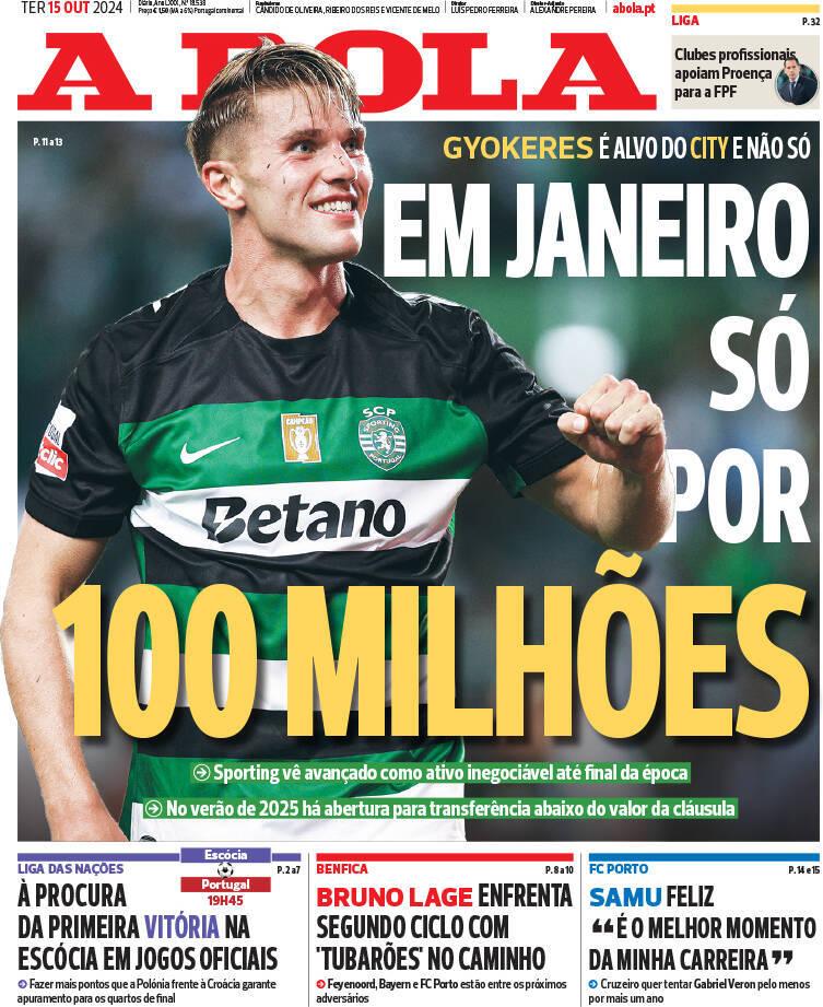 A Bola: Capa da Edi&ccedil;&atilde;o de ter&ccedil;a-feira, 15 de outubro 2024