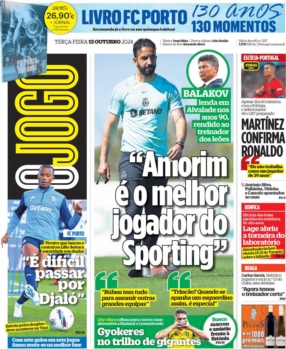 O Jogo: Capa da Edi&ccedil;&atilde;o de ter&ccedil;a-feira, 15 de outubro 2024