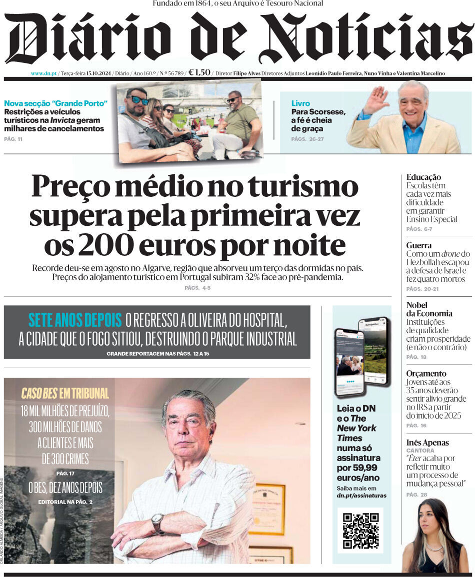Di&aacute;rio de Not&iacute;cias: Capa da Edi&ccedil;&atilde;o de ter&ccedil;a-feira, 15 de outubro 2024