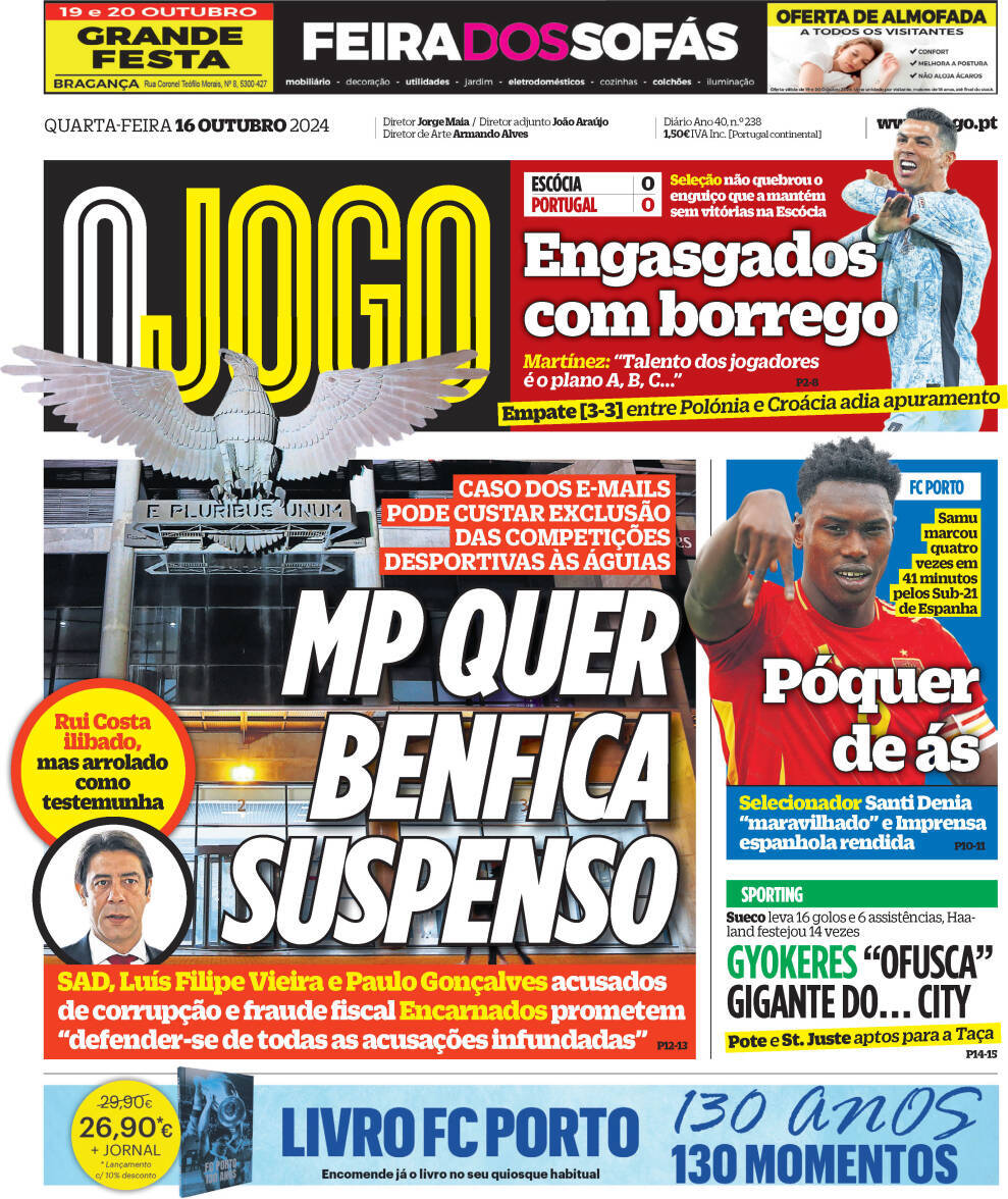 A Bola: Capa da Edi&ccedil;&atilde;o de quarta-feira, 16 de outubro 2024