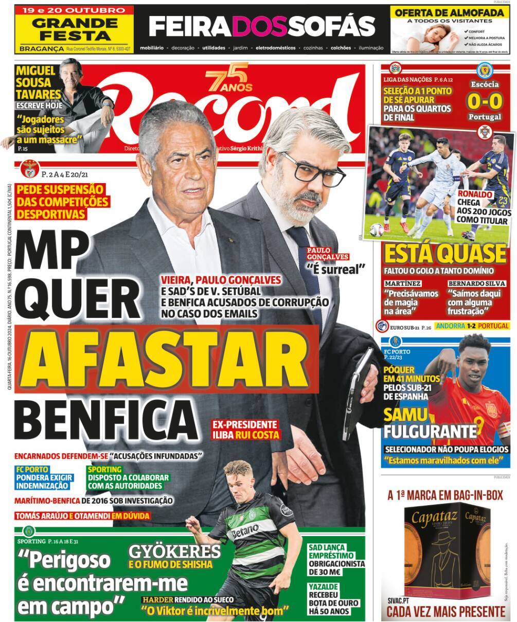 Record: Capa da Edi&ccedil;&atilde;o de quarta-feira, 16 de outubro 2024