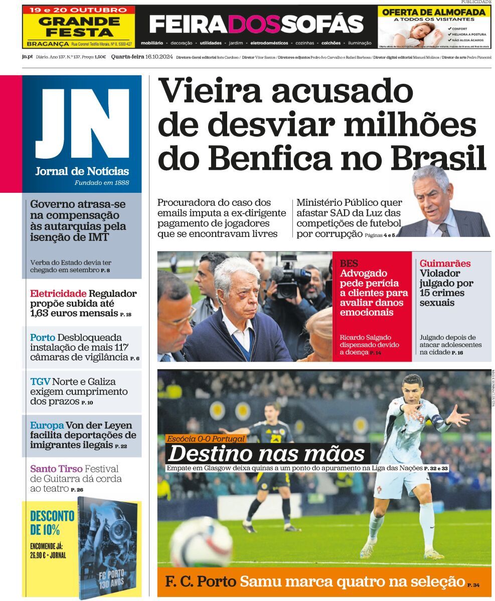 Jornal de Not&iacute;cias: Capa da Edi&ccedil;&atilde;o de quarta-feira, 16 de outubro 2024
