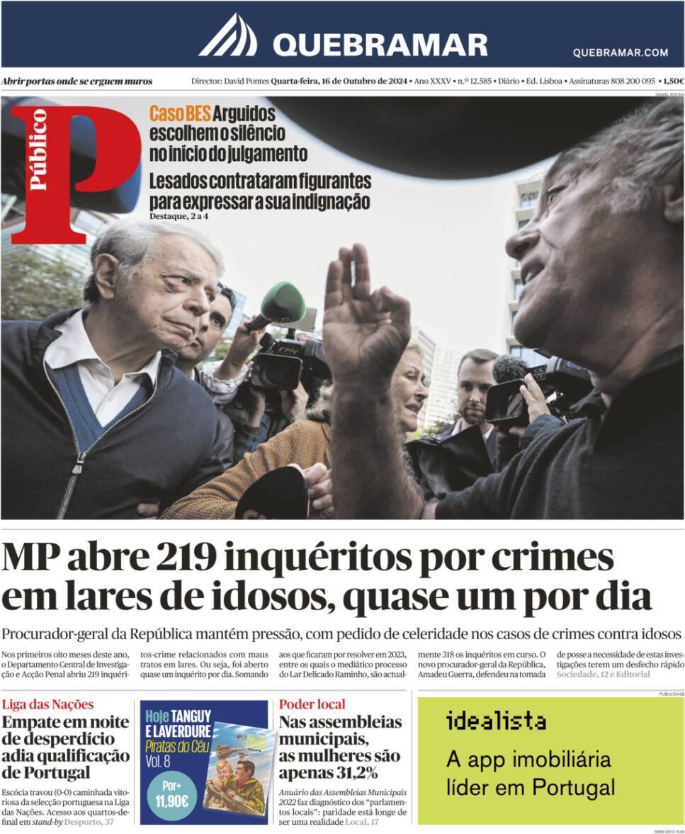 P&uacute;blico: Capa da Edi&ccedil;&atilde;o de quarta-feira, 16 de outubro 2024