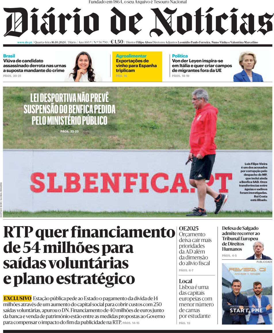 Di&aacute;rio de Not&iacute;cias: Capa da Edi&ccedil;&atilde;o de quarta-feira, 16 de outubro 2024