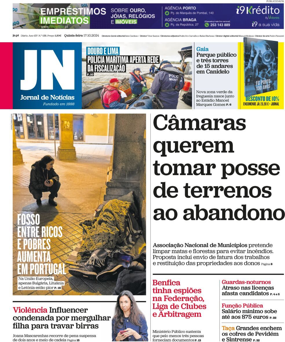 Jornal de Not&iacute;cias: Capa da Edi&ccedil;&atilde;o de quinta-feira, 17 de outubro 2024