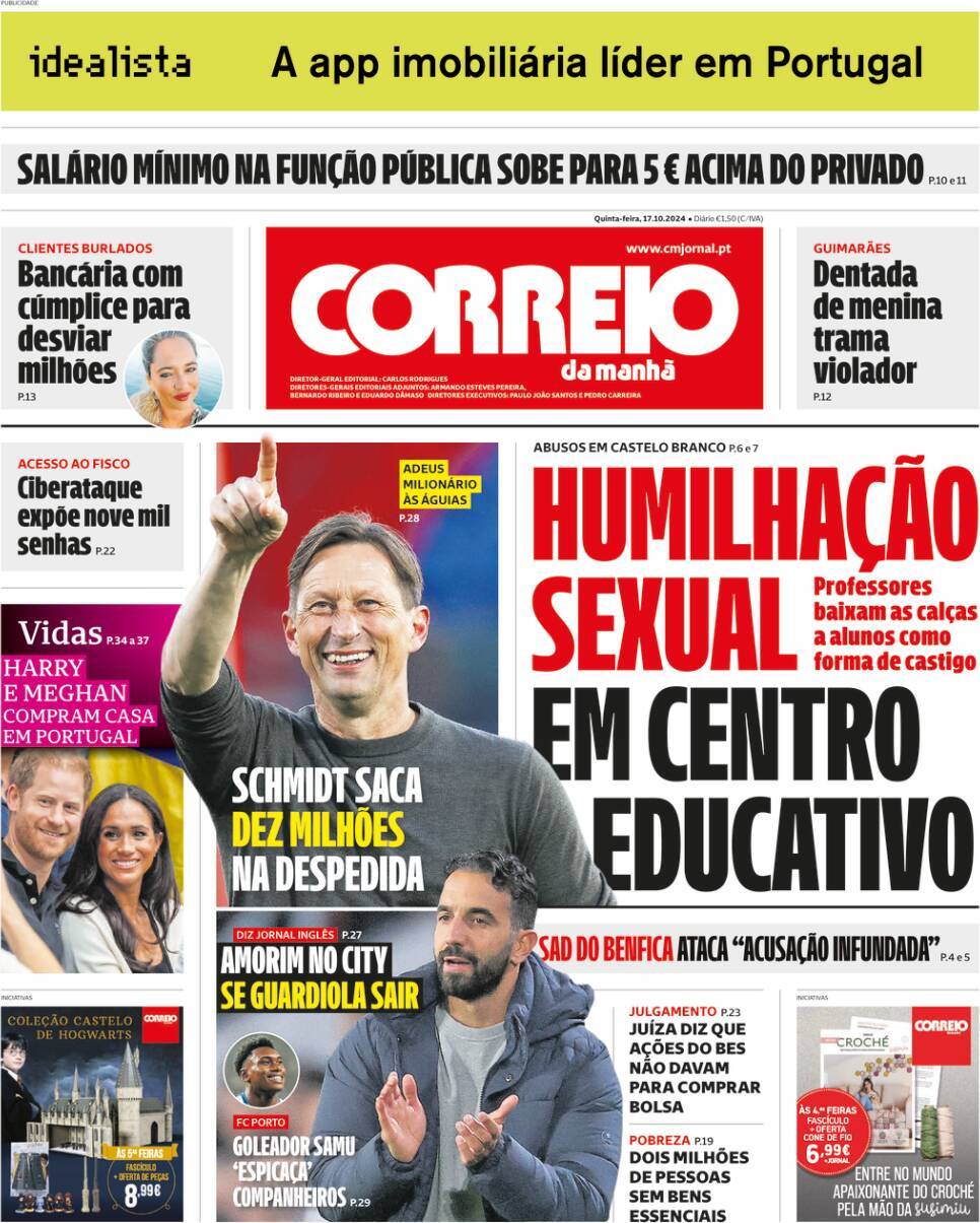 Correio da Manh&atilde;: Capa da Edi&ccedil;&atilde;o de quinta-feira, 17 de outubro 2024