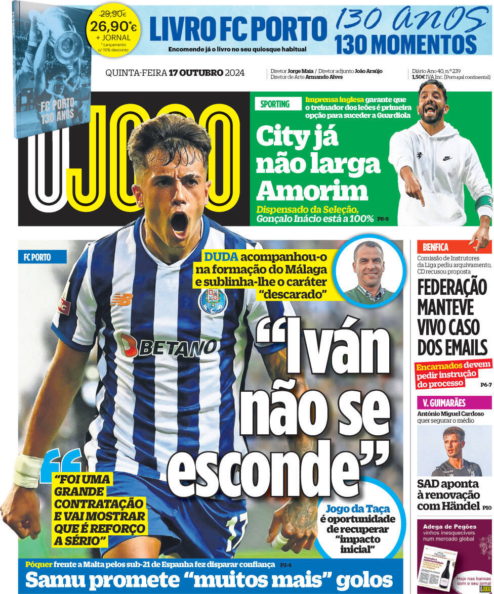 O Jogo: Capa da Edi&ccedil;&atilde;o de quinta-feira, 17 de outubro 2024