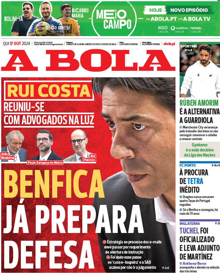 A Bola: Capa da Edi&ccedil;&atilde;o de quinta-feira, 17 de outubro 2024