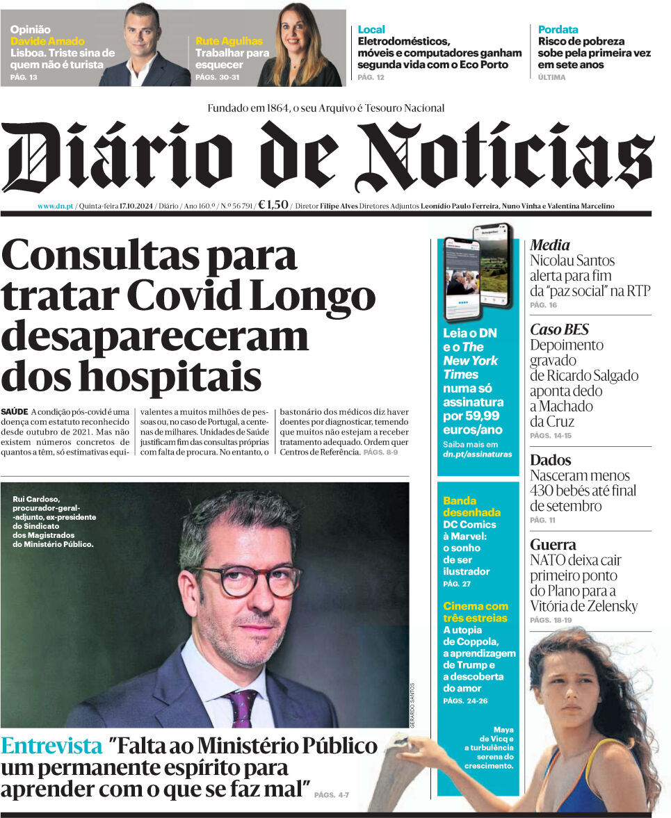 Di&aacute;rio de Not&iacute;cias: Capa da Edi&ccedil;&atilde;o de quinta-feira, 17 de outubro 2024