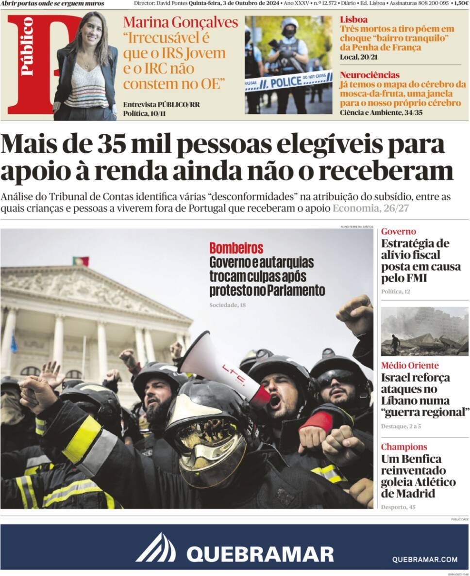 P&uacute;blico: Capa da Edi&ccedil;&atilde;o de quinta-feira, 03 de outubro 2024