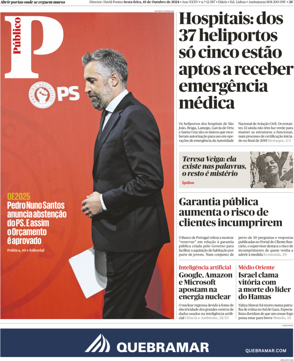 P&uacute;blico: Capa da Edi&ccedil;&atilde;o de sexta-feira, 18 de outubro 2024