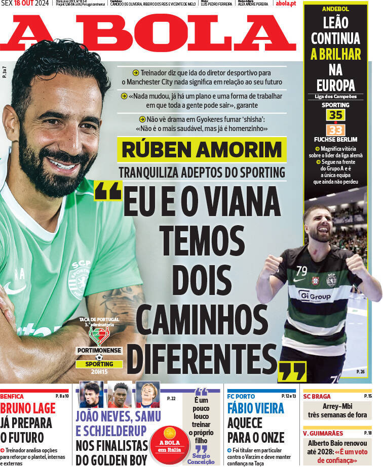 A Bola: Capa da Edi&ccedil;&atilde;o de sexta-feira, 18 de outubro 2024