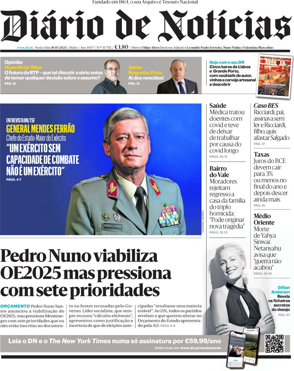 Di&aacute;rio de Not&iacute;cias: Capa da Edi&ccedil;&atilde;o de sexta-feira, 18 de outubro 2024