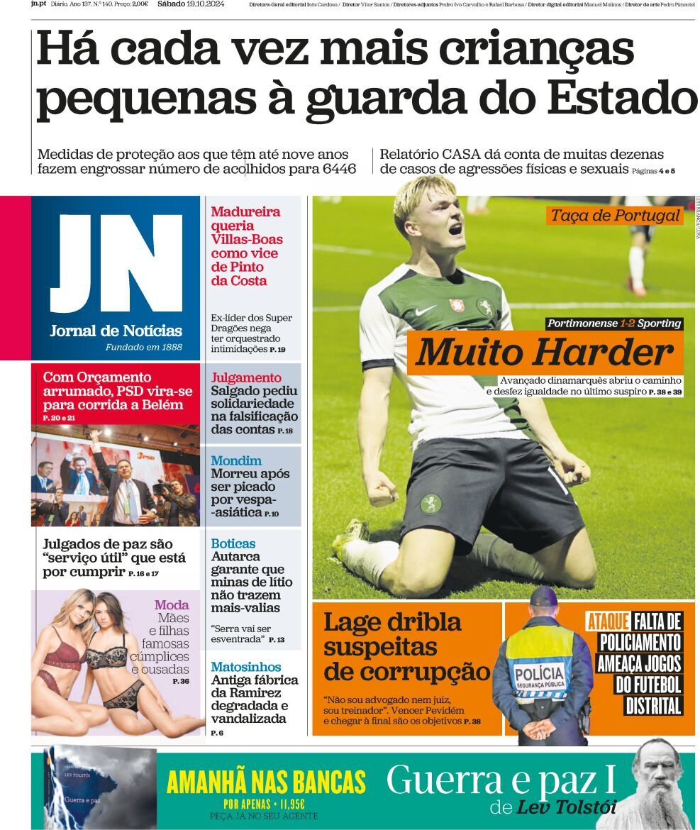 Jornal de Not&iacute;cias: Capa da Edi&ccedil;&atilde;o de s&aacute;bado, 19 de outubro 2024