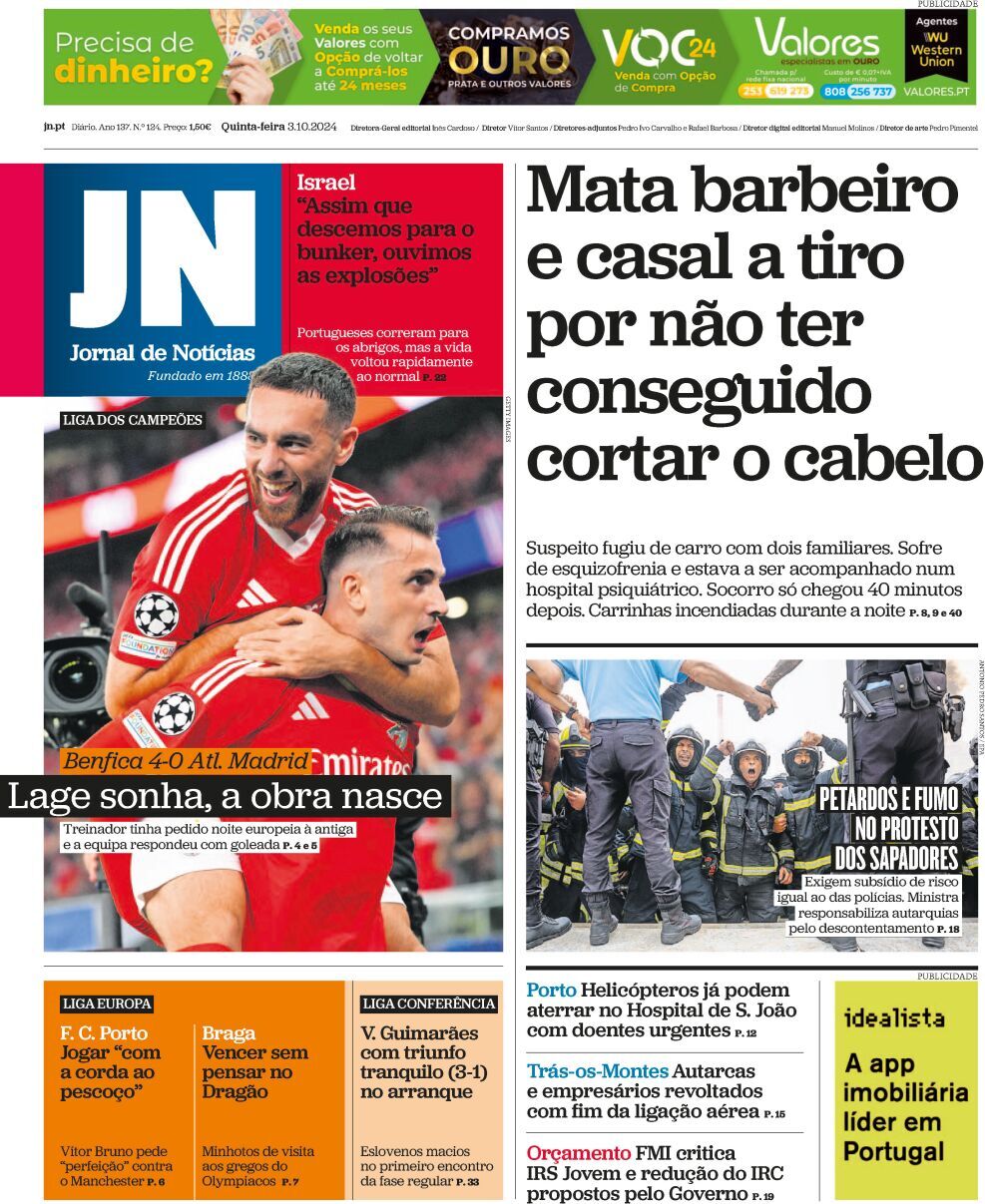 Jornal de Not&iacute;cias: Capa da Edi&ccedil;&atilde;o de quinta-feira, 03 de outubro 2024