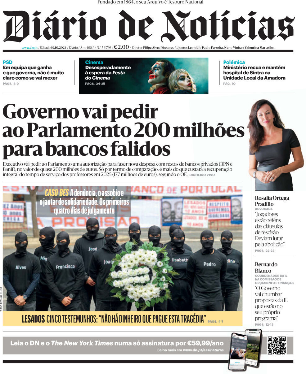 Di&aacute;rio de Not&iacute;cias: Capa da Edi&ccedil;&atilde;o de s&aacute;bado, 19 de outubro 2024