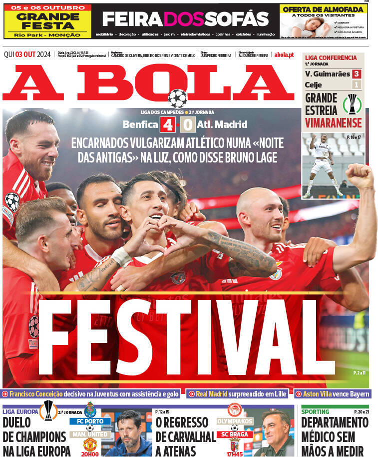 A Bola: Capa da Edi&ccedil;&atilde;o de quinta-feira, 03 de outubro 2024