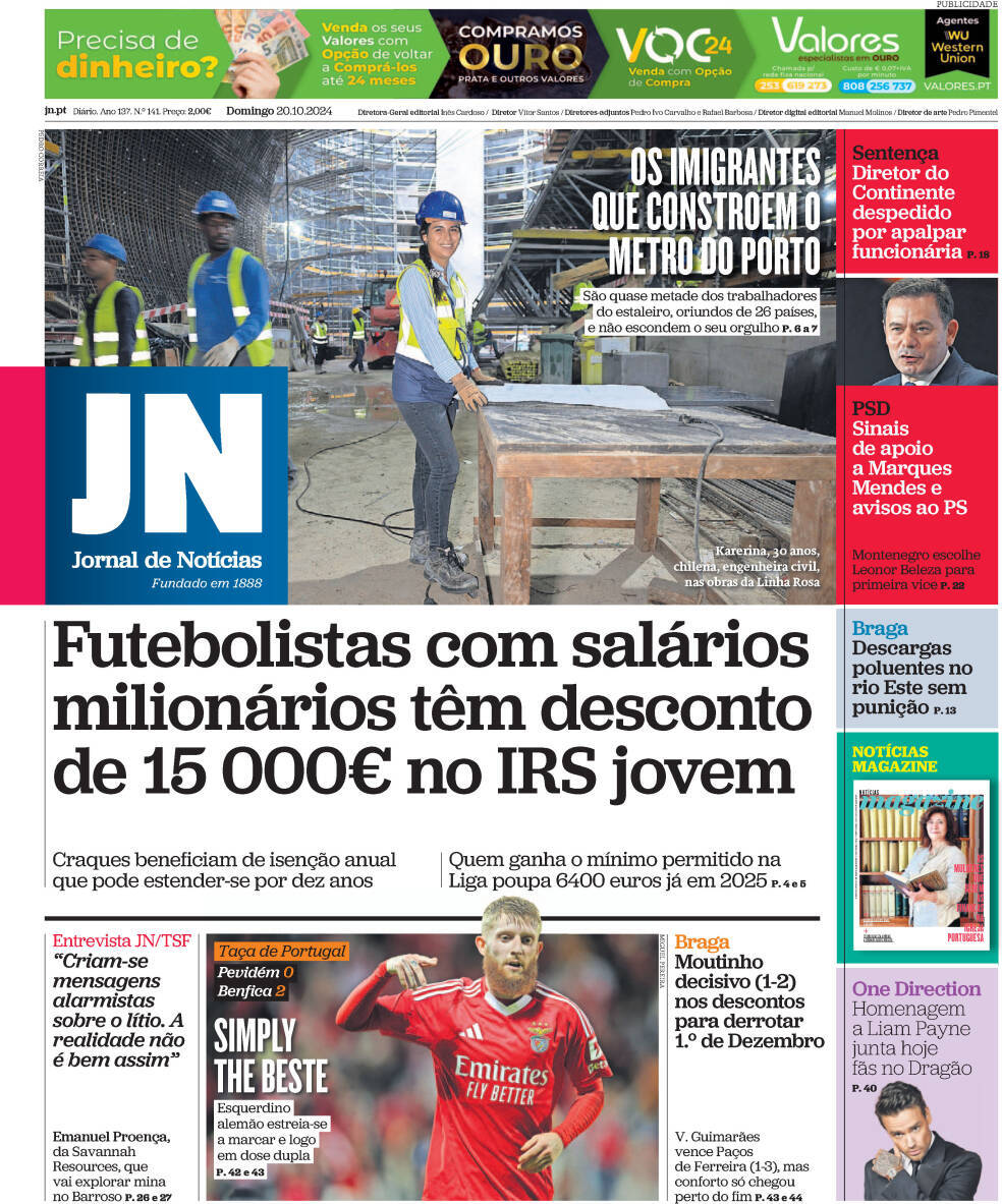 Jornal de Not&iacute;cias: Capa da Edi&ccedil;&atilde;o de domingo, 20 de outubro 2024