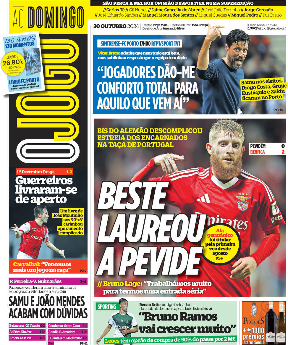 O Jogo: Capa da Edi&ccedil;&atilde;o de domingo, 20 de outubro 2024