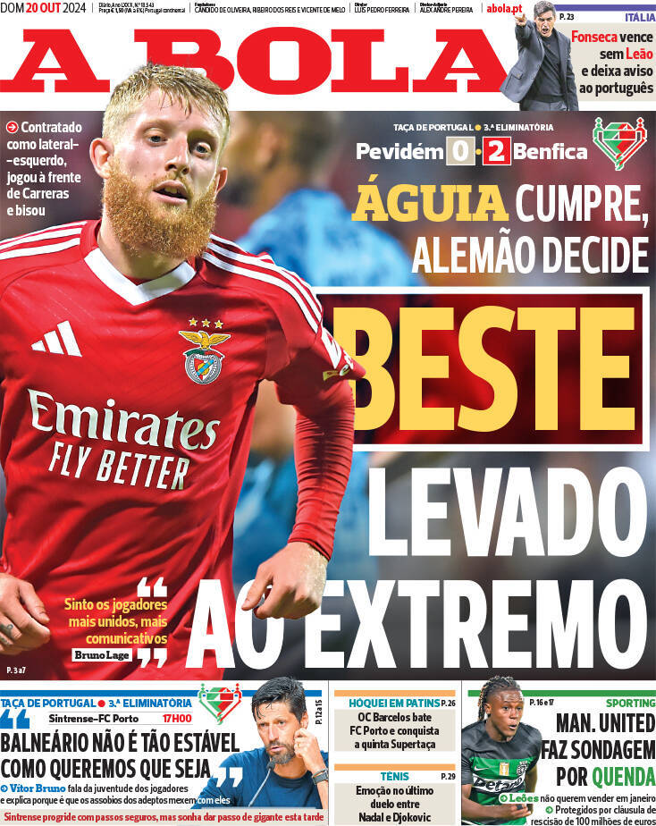 A Bola: Capa da Edi&ccedil;&atilde;o de domingo, 20 de outubro 2024