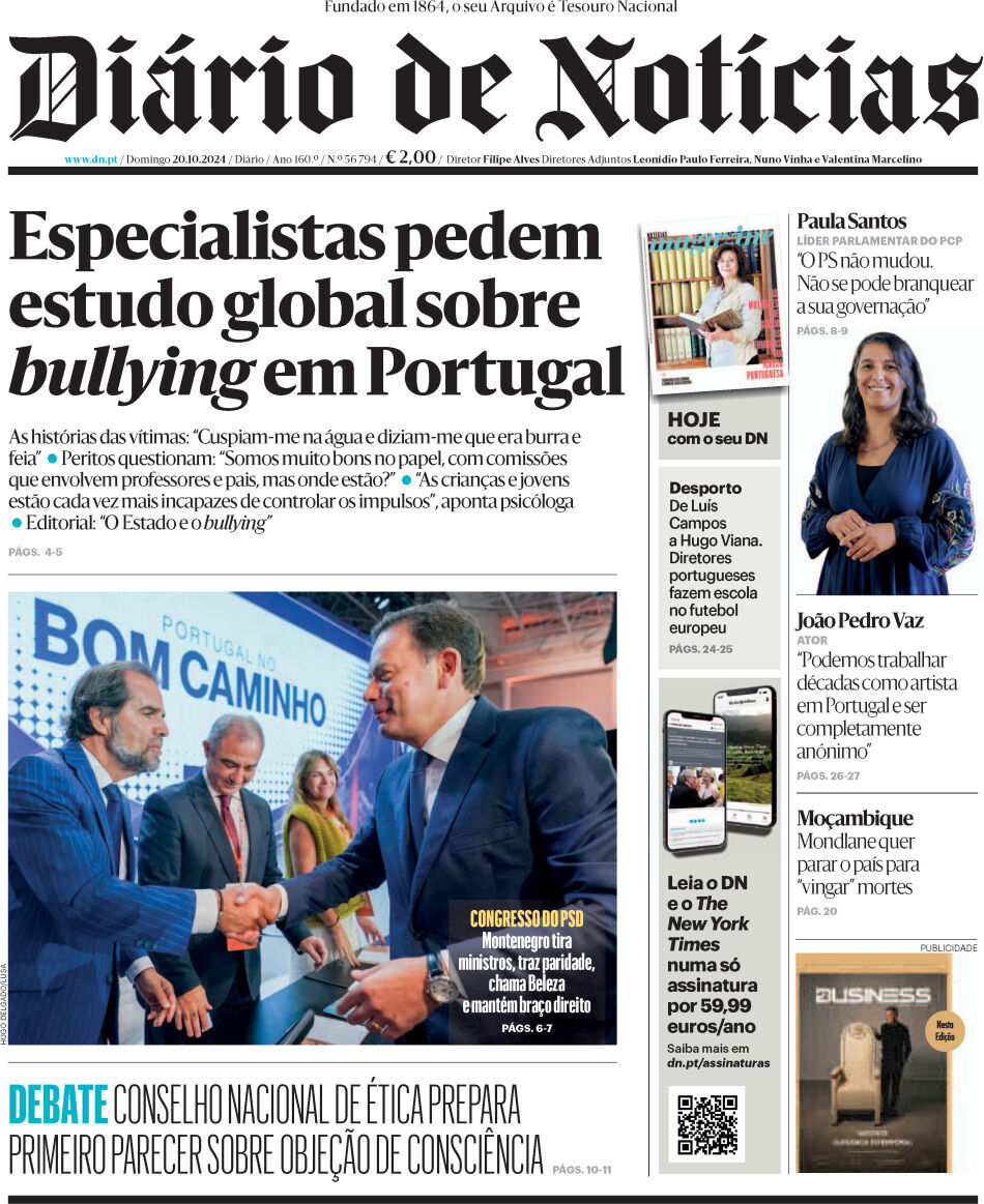 Di&aacute;rio de Not&iacute;cias: Capa da Edi&ccedil;&atilde;o de domingo, 20 de outubro 2024