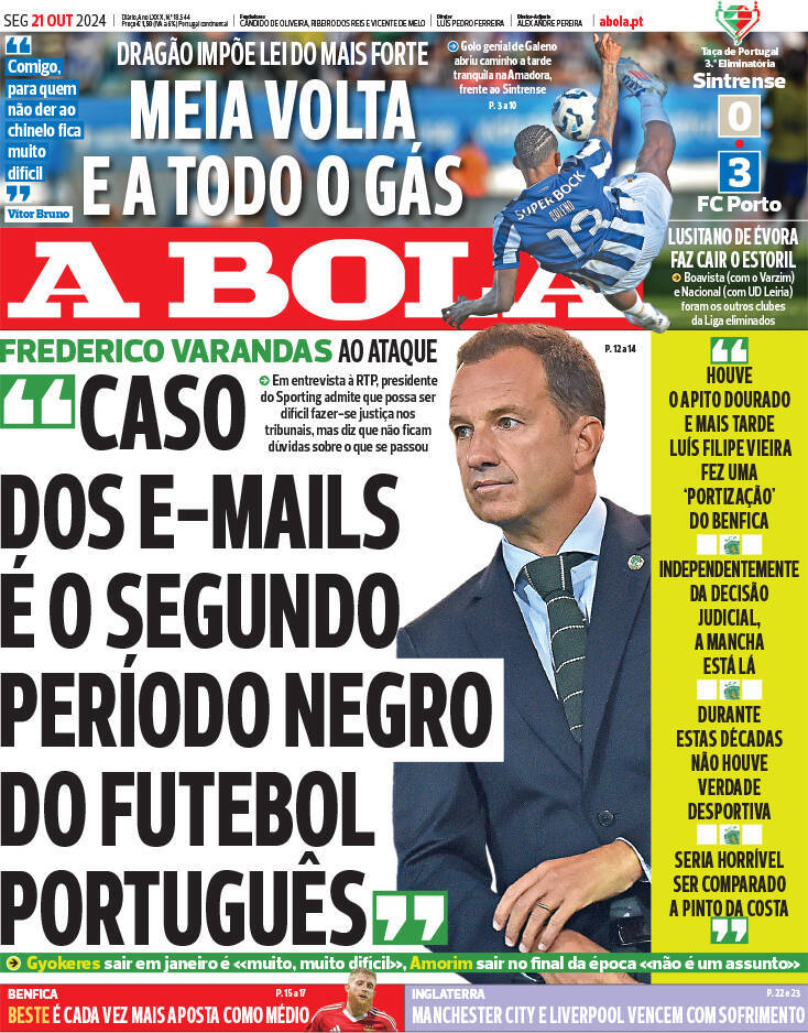 Correio da Manh&atilde;: Capa da Edi&ccedil;&atilde;o de segunda-feira, 21 de outubro 2024