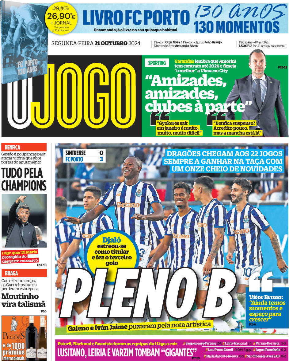 O Jogo: Capa da Edi&ccedil;&atilde;o de segunda-feira, 21 de outubro 2024