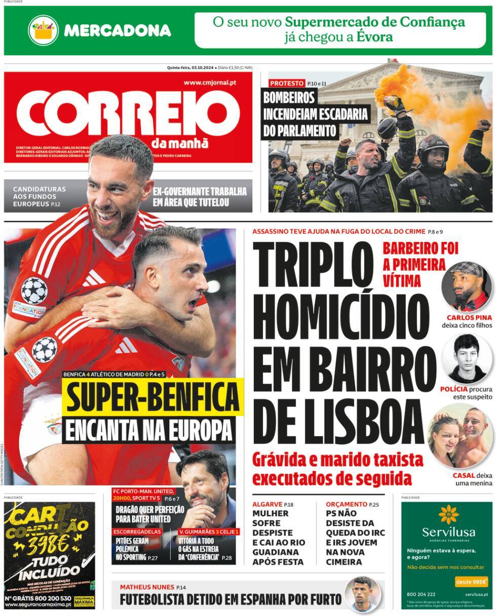 Correio da Manh&atilde;: Capa da Edi&ccedil;&atilde;o de quinta-feira, 03 de outubro 2024