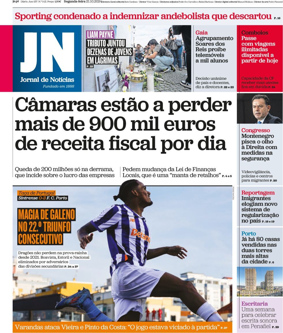 Jornal de Not&iacute;cias: Capa da Edi&ccedil;&atilde;o de segunda-feira, 21 de outubro 2024