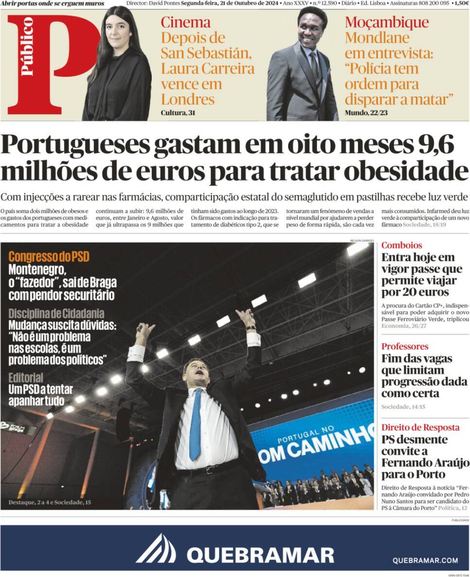 P&uacute;blico: Capa da Edi&ccedil;&atilde;o de segunda-feira, 21 de outubro 2024