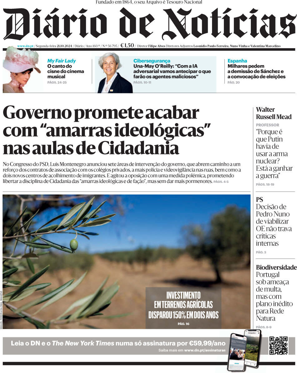 Di&aacute;rio de Not&iacute;cias: Capa da Edi&ccedil;&atilde;o de segunda-feira, 21 de outubro 2024