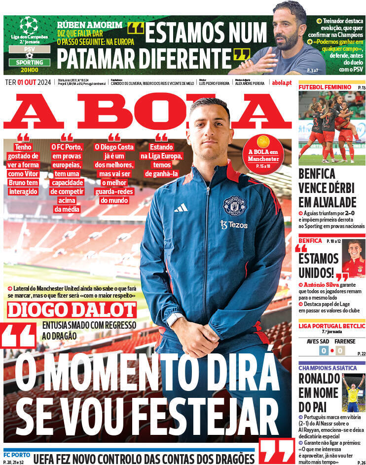 A Bola: Capa da Edi&ccedil;&atilde;o de ter&ccedil;a-feira, 01 de outubro 2024