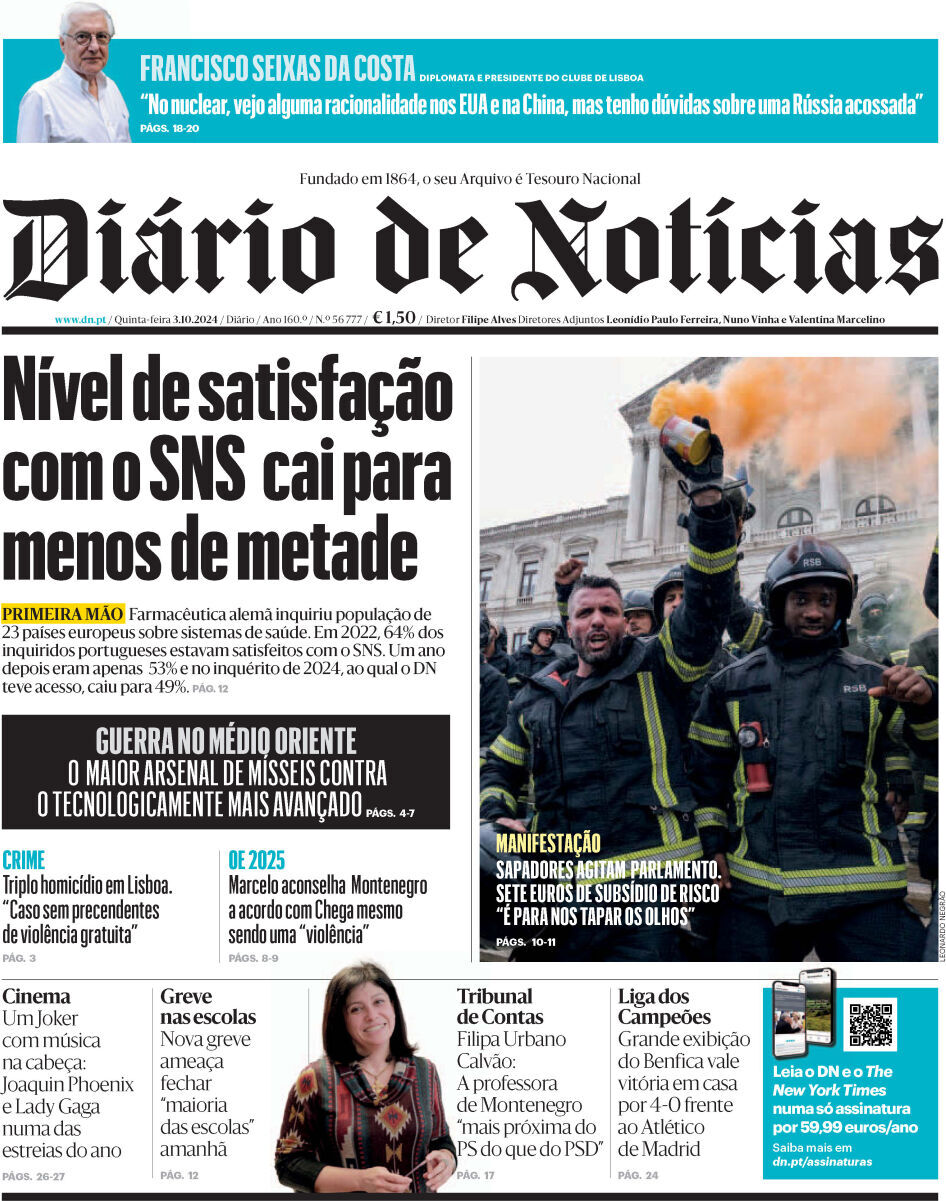 Di&aacute;rio de Not&iacute;cias: Capa da Edi&ccedil;&atilde;o de quinta-feira, 03 de outubro 2024
