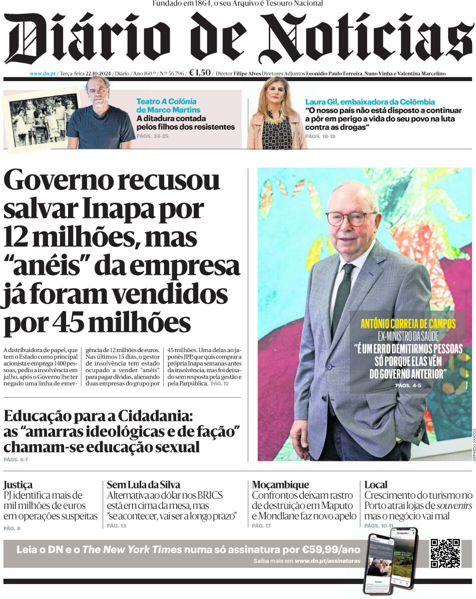 Di&aacute;rio de Not&iacute;cias: Capa da Edi&ccedil;&atilde;o de ter&ccedil;a-feira, 22 de outubro 2024