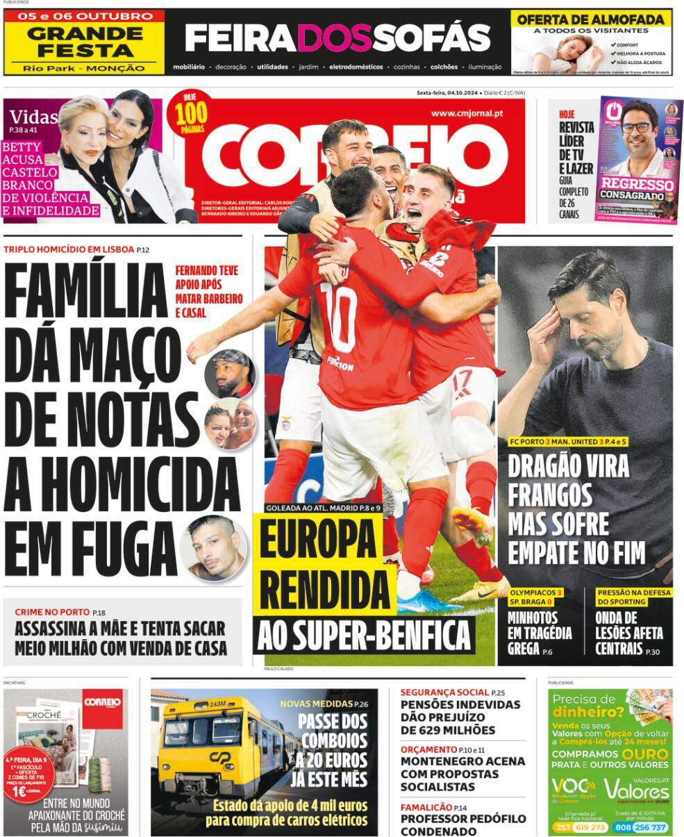 Correio da Manh&atilde;: Capa da Edi&ccedil;&atilde;o de sexta-feira, 04 de outubro 2024